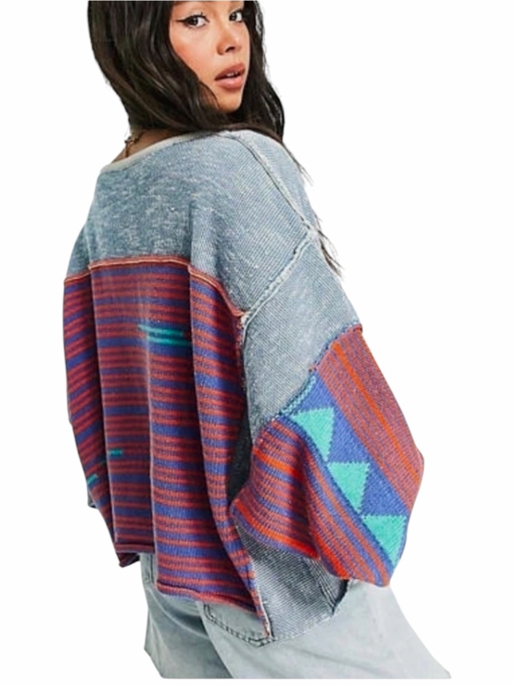 Free People Love Triangle Crop Sweater Oversized Boho Pullover Blue Multi XS